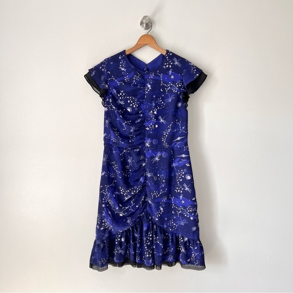 Three Floor Navy Blue Afterglow Cosmic Star Printed Mini Dress - Picture 2 of 15